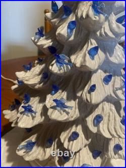 Vintage White Ceramic Christmas Tree with Blue Birds Base & Bulb 16.5 PA 87 Nice