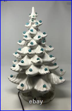 Vintage White Ceramic Christmas Tree with Blue lights Working Condition