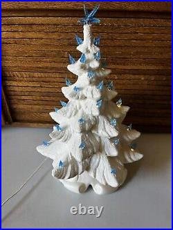 Vintage White Ceramic Musical Iridescent Christmas Tree Blue Bulbs 15 Tall