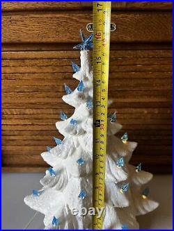 Vintage White Ceramic Musical Iridescent Christmas Tree Blue Bulbs 15 Tall