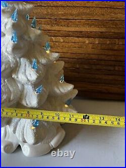 Vintage White Ceramic Musical Iridescent Christmas Tree Blue Bulbs 15 Tall