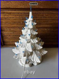 Vintage White Ceramic Musical Iridescent Christmas Tree Blue Bulbs 15 Tall