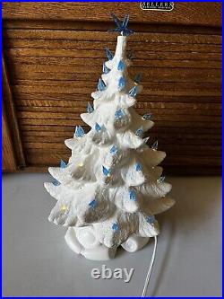 Vintage White Ceramic Musical Iridescent Christmas Tree Blue Bulbs 15 Tall