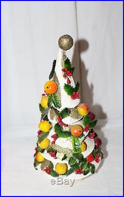 Vintage White Glitter Christmas Tree Decorated with Holly Fruit 11 Tall Unusual