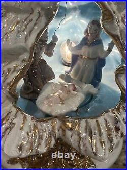 Vintage White & Gold Ceramic Christmas Tree Nativity Diorama with Light 13
