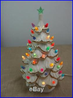 Vintage White Gold Glazed Ceramic Christmas Tree Holland Mold Lighted Star 11.5