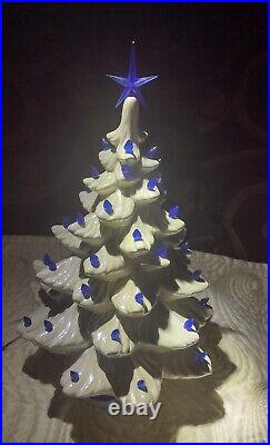 Vintage White Iridescent Glaze White Ceramic Christmas Tree Blue Bulbs 16