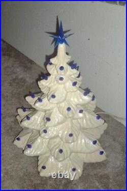 Vintage White Iridescent Glaze White Ceramic Christmas Tree Blue Bulbs 16