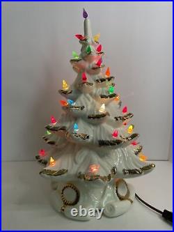 Vintage White Light Up Christmas Tree Gold Flocking Atlantic Mold Bulbs Filled