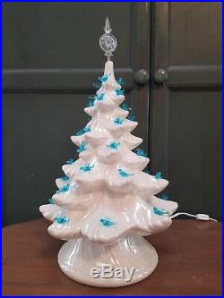 Vintage White Lighted Ceramic Christmas Tree 16.5 blue birds clear star
