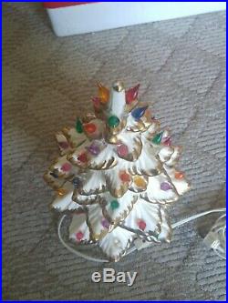Vintage White and Gold Ceramic Christmas Tree + Music Box 13.5 Tall Signed SF