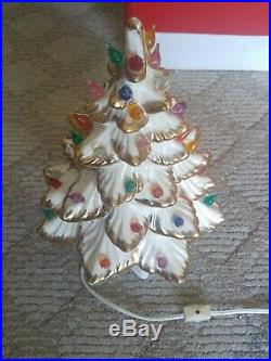 Vintage White and Gold Ceramic Christmas Tree + Music Box 13.5 Tall Signed SF