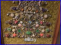 Vintage Wood Framed RHINESTONE Jewelry Christmas Tree Picture 26 1960's Made