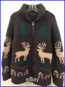 Vintage Wool Knit Curling Sweater Reindeer Moose Christmas Tree Brown Green
