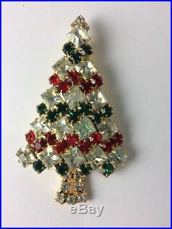 Vintage Xmas Christmas Tree Pin Brooch Rhinestone Unsigned KJL Book Piece Red