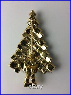 Vintage Xmas Christmas Tree Pin Brooch Rhinestone Unsigned KJL Book Piece Red