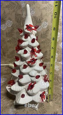 Vintage ceramic white Christmas tree with red lights & birds Beautiful