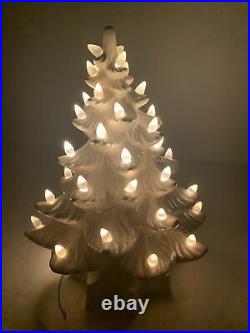 Vintage chalkware / ceramic white christmas tree, with white white light tips