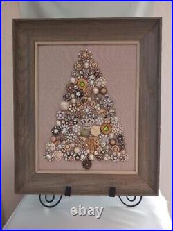 Vintage jewelry art framed, Christmas tree, costume jewelry, pearls, rhinestone