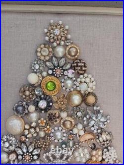Vintage jewelry art framed, Christmas tree, costume jewelry, pearls, rhinestone