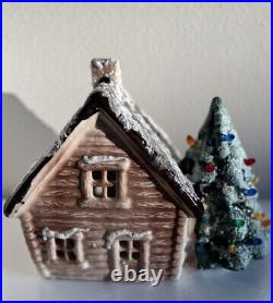 Vintage l Ceramic Log Cabin l Christmas Tree l Lights Up l Holiday Decor