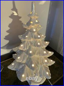 Vintage white iridescent Christmas tree ceramic music box 17 inches tall