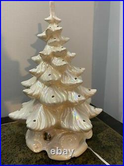 Vintage white iridescent Christmas tree ceramic music box 17 inches tall