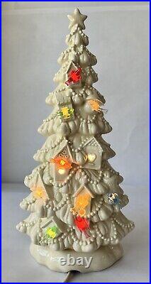 Vntg Ceramic Christmas Tree Lighted White Glaze with Birdhouses & Colorful Birds