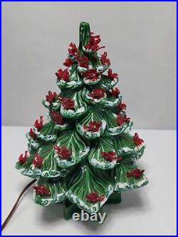 Vntg Ceramic Mold Green Christmas Tree Rare Red BIrd Light up Base 12.5 tall