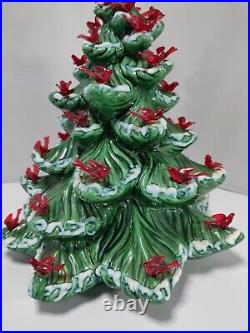 Vntg Ceramic Mold Green Christmas Tree Rare Red BIrd Light up Base 12.5 tall