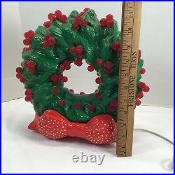 Vtg 11 Ceramic Lighted Christmas Tree Wreath & Red Holly Berry Red Ribbon base