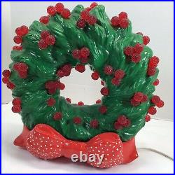 Vtg 11 Ceramic Lighted Christmas Tree Wreath & Red Holly Berry Red Ribbon base