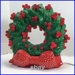 Vtg 11 Ceramic Lighted Christmas Tree Wreath & Red Holly Berry Red Ribbon base