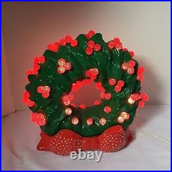 Vtg 11 Ceramic Lighted Christmas Tree Wreath & Red Holly Berry Red Ribbon base