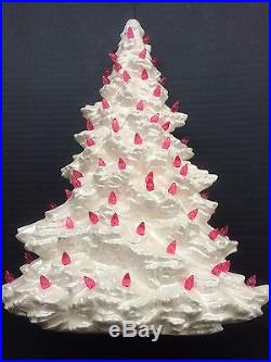 Vtg 16-1/4H w Base x 4-1/2D 2pc Ceramic Mantle Christmas Tree White Pink MINT