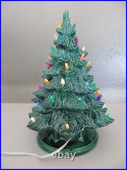 Vtg 16 Ceramic Green Lighted Christmas Tree Holly Base All Lights New Bulb