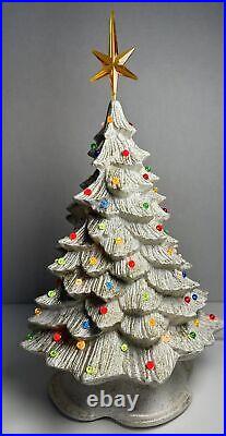 Vtg 17 Tall Mold Painted Ceramic White And Gold Lighted Christmas Tree RARE