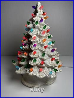 Vtg 17 Tall Mold Painted Ceramic White And Gold Lighted Christmas Tree RARE