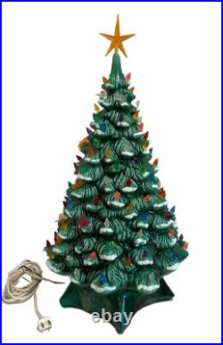 Vtg 19.5 Lighted Ceramic Christmas Tree Birds Snowy Branches Flocked COMPLETE