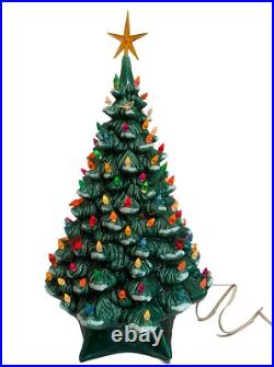 Vtg 19.5 Lighted Ceramic Christmas Tree Birds Snowy Branches Flocked COMPLETE