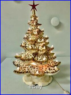Vtg 19 70s white ceramic Christmas tree gold hilights