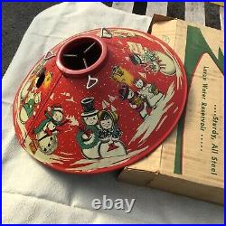 Vtg 1950's RED Tin Litho 20 Coloramic Tree Stand Snowman In Original Box