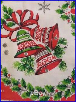 Vtg 1950s Retro CHRISTMAS Table Cloth 50x64 SANTA Ornaments Tree Candy Canes