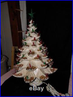 Vtg 24 Ceramic Christmas Tree 3-pc. Plays Silent Night White withGold Tips