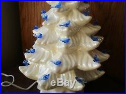 Vtg 3 pc Ceramic Atlantic Mold Christmas Tree 16 White Pearl with Blue Birds