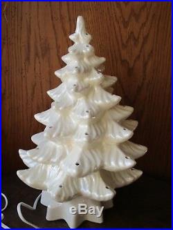 Vtg 3 pc Ceramic Atlantic Mold Christmas Tree 16 White Pearl with Blue Birds