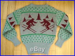 Vtg 40s JERSILD 100% Thick Wool Xmas Tree Ski Sweater Snowflakes Rockabilly RARE