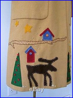 Vtg 50s 60s 100% Camel Hair Coat Folk Art Christmas Tree Reindeer Patches S/M