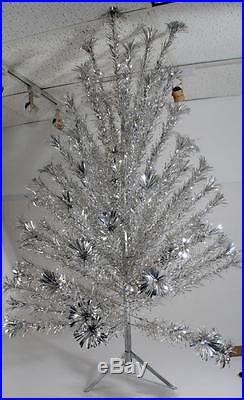 Vtg 6' SPARKLER POM-POM CHRISTMAS TREE Silver metallic aluminum with Box 50s/60s