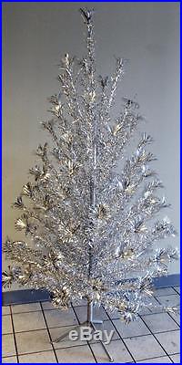 Vtg 6' SPARKLER POM-POM CHRISTMAS TREE Silver metallic aluminum with Box 50s/60s